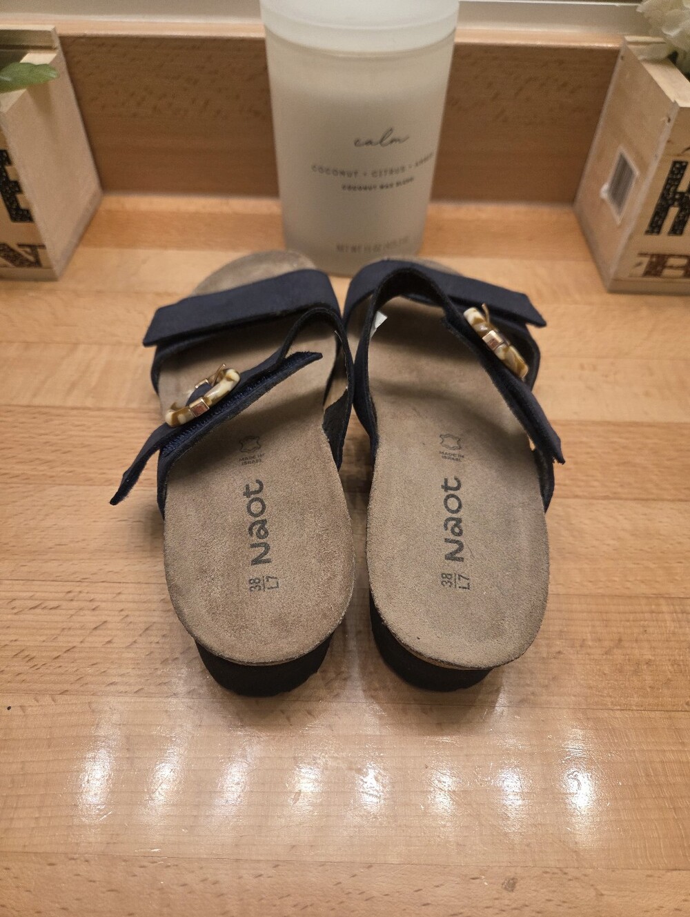 Naot Anabel Slide Sandals Navy Nubuck Tortoise Shell Buckle Womens Sz EU 38 US 7 - Picture 4 of 11